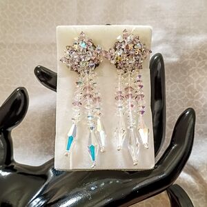 New Clip On Cut Crystal Chandelier Aurora Borealis Sparkling Earrings 2.75"